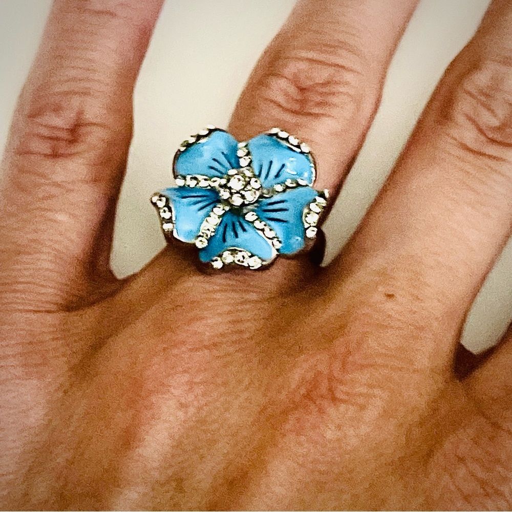 New Handmade Floral Sterling Silver Blue Hibiscus Flower Cocktail Statement Ring - Picture 5 of 7
